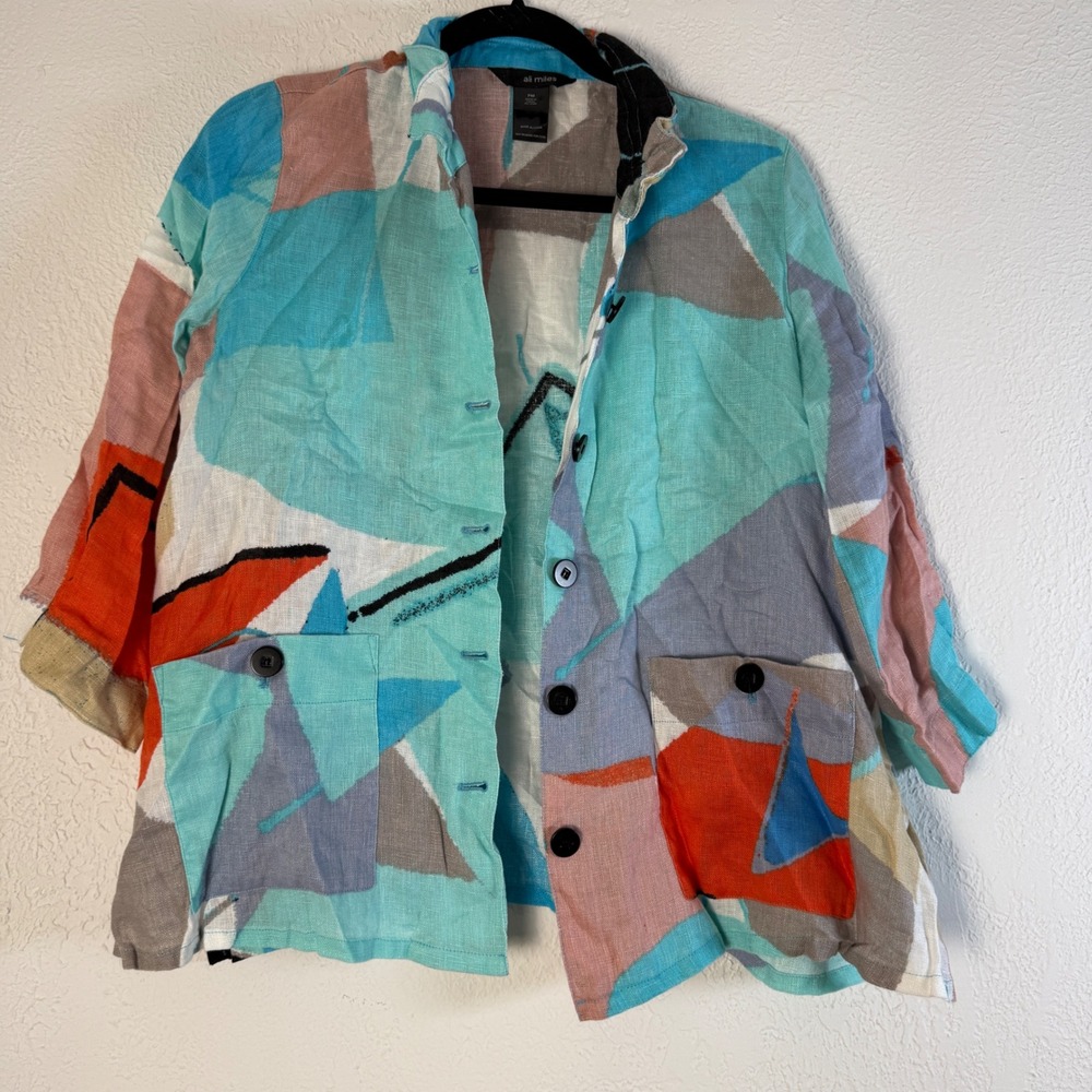 Ali Miles Womens‎ PM Abstract Geometric 100% Linen Button Front Top 80s Vibes